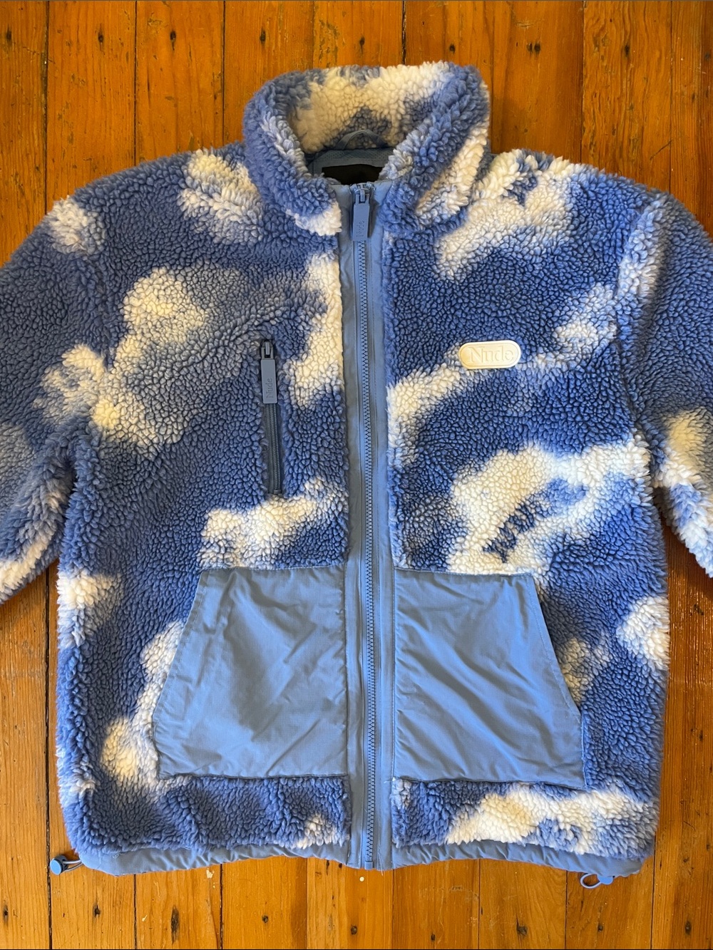 NUDE Blue and White Sherpa Patch Zip Jacket